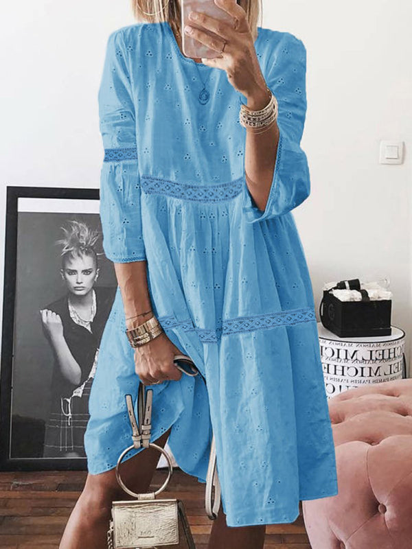 Lace Stitching Knee-Length Dress with Hollow Embroidery Mini Dresses MyDresses Blue 8 | S 