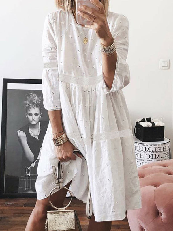 Lace Stitching Knee-Length Dress with Hollow Embroidery Mini Dresses MyDresses White 8 | S 