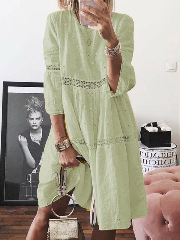 Lace Stitching Knee-Length Dress with Hollow Embroidery Mini Dresses MyDresses Yellow 8 | S 