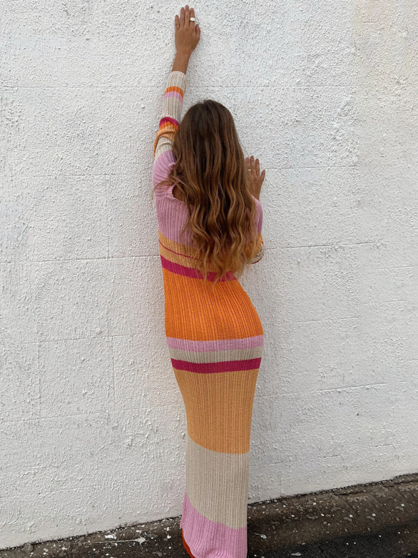 Off-the-Shoulder Knitted Maxi Dress with Striped Pattern Maxi Dresses MyDresses 