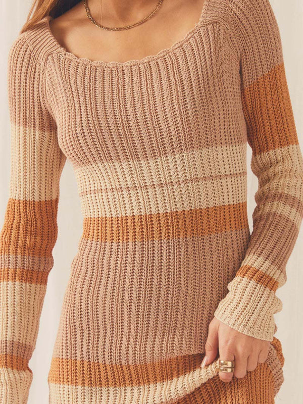 Off-the-Shoulder Knitted Maxi Dress with Striped Pattern Maxi Dresses MyDresses 