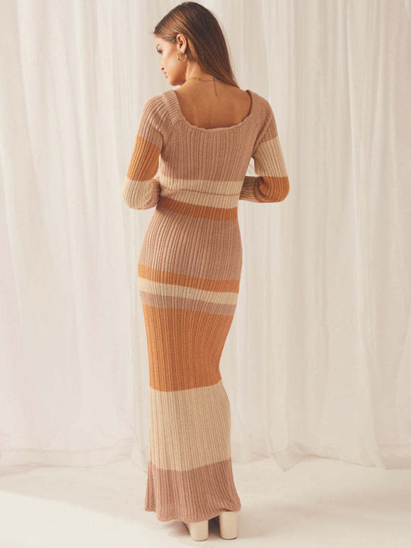 Off-the-Shoulder Knitted Maxi Dress with Striped Pattern Maxi Dresses MyDresses 