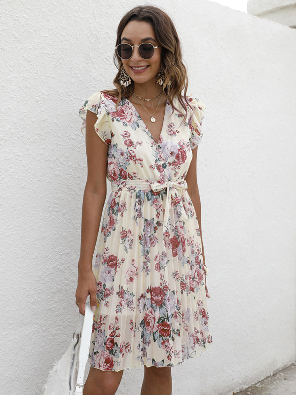 V-Neck Floral Dress with Waist Tie and Pleated Skirt Mini Dresses MyDresses 