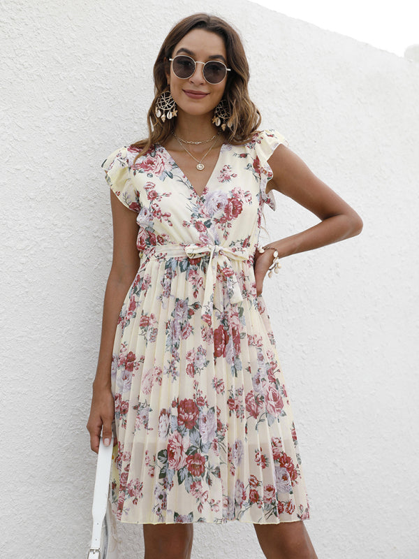 V-Neck Floral Dress with Waist Tie and Pleated Skirt Mini Dresses MyDresses Khaki 8 | S 