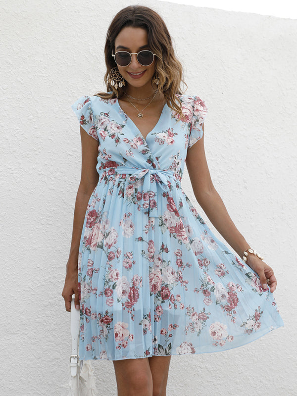 V-Neck Floral Dress with Waist Tie and Pleated Skirt Mini Dresses MyDresses Blue 8 | S 