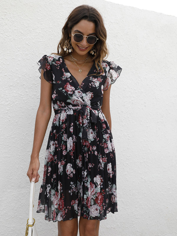 V-Neck Floral Dress with Waist Tie and Pleated Skirt Mini Dresses MyDresses Black 8 | S 