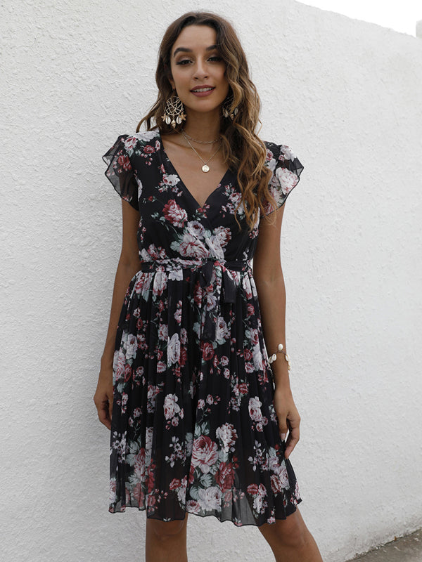 V-Neck Floral Dress with Waist Tie and Pleated Skirt Mini Dresses MyDresses 