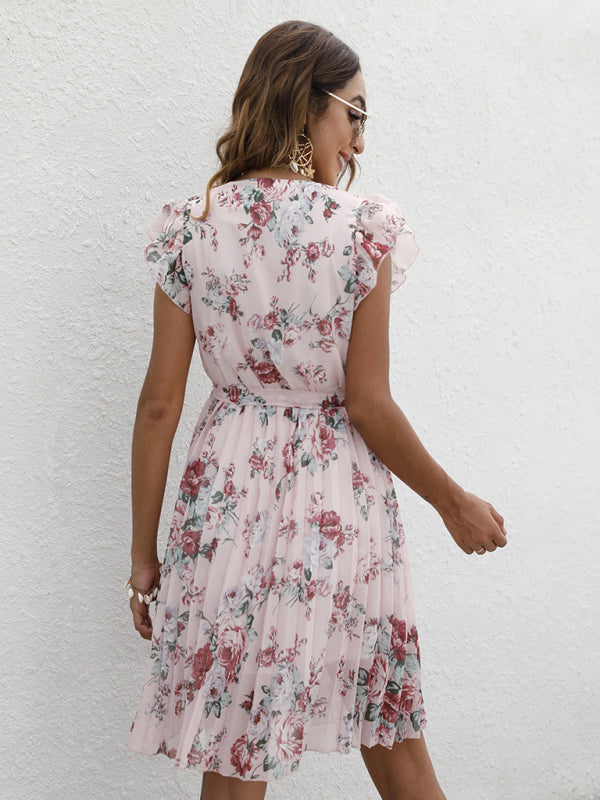 V-Neck Floral Dress with Waist Tie and Pleated Skirt Mini Dresses MyDresses 