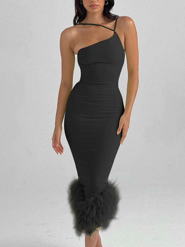 One Shoulder Halter Neck Dress with Feather Hem Maxi Dresses MyDresses Black 8 | S 