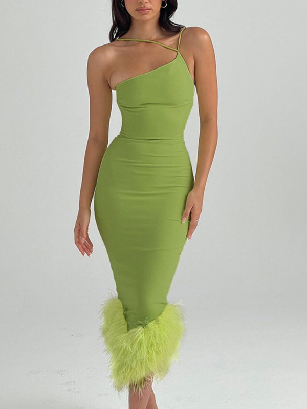 One Shoulder Halter Neck Dress with Feather Hem Maxi Dresses MyDresses Green 8 | S 