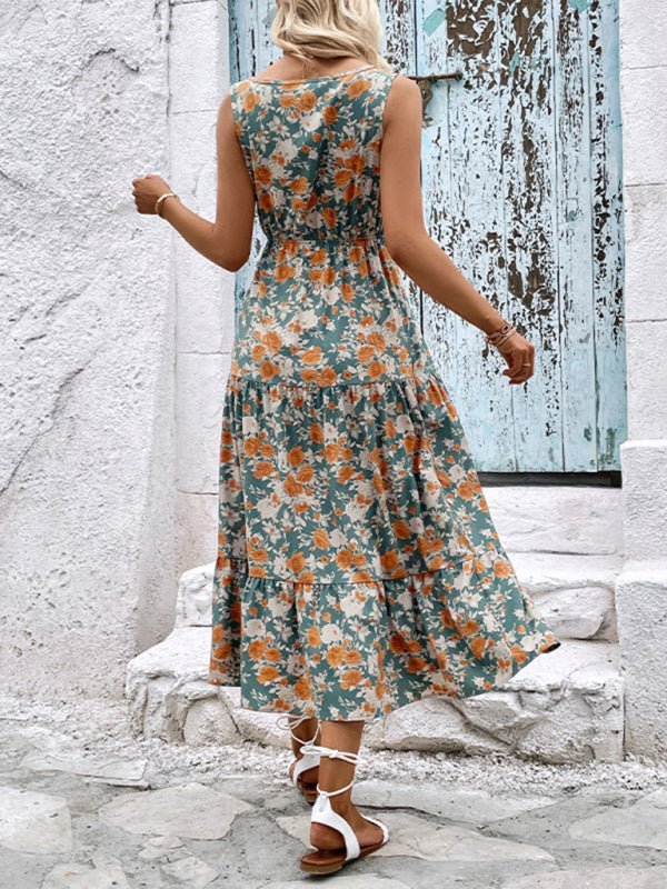 Sleeveless Floral Print Midi Dress with Button Front and Tiered Skirt Midi Dresses MyDresses 