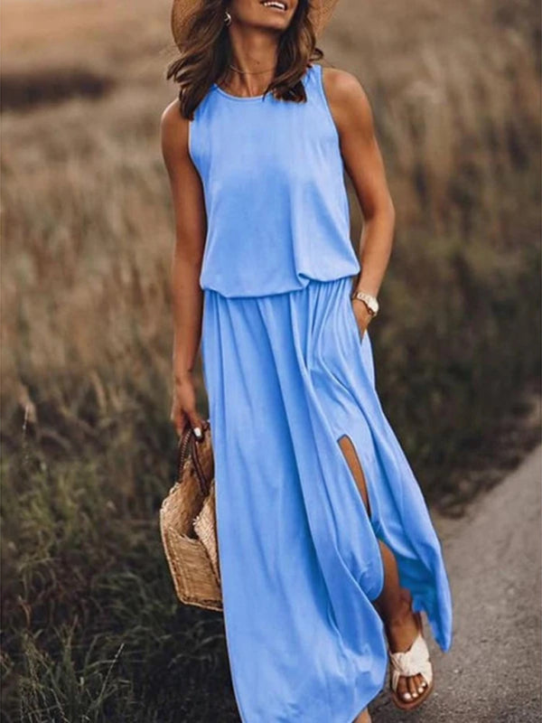 Sleeveless Maxi Dress with Round Neck and Side Slit Maxi Dresses MyDresses Sky Blue 8 | S 
