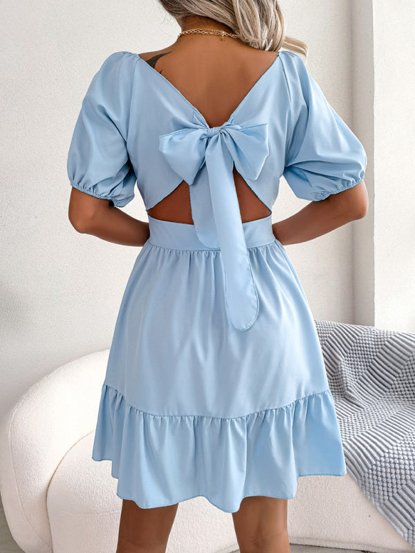 Square Neck Mini Dress with Open Back and Ruffled Hem Mini Dresses MyDresses 