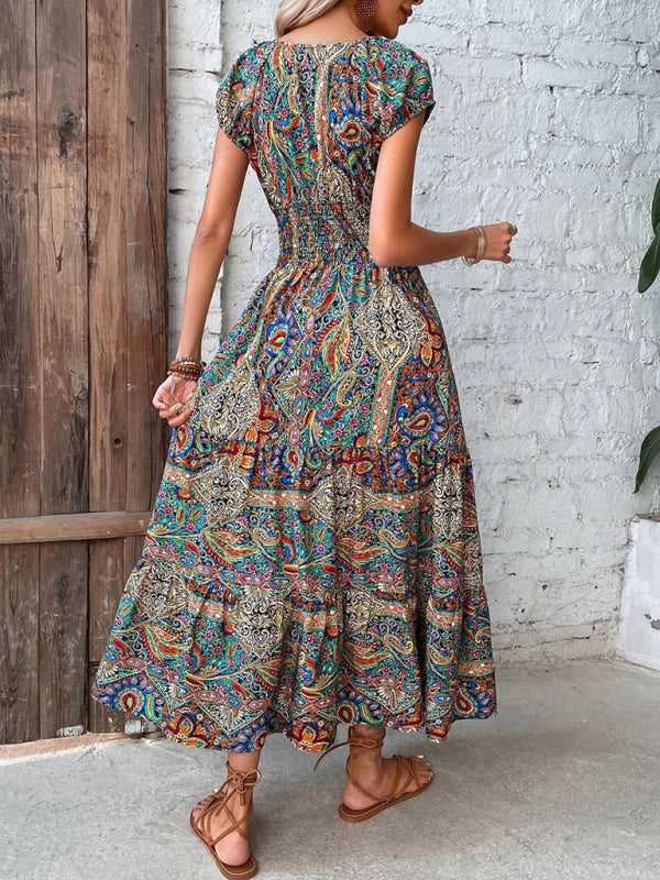 Bohemian Maxi Dress with Paisley Print and Smocked Bodice Maxi Dresses MyDresses 