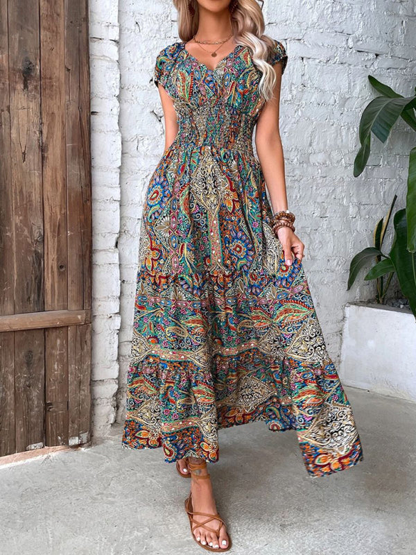 Bohemian Maxi Dress with Paisley Print and Smocked Bodice Maxi Dresses MyDresses Pattern 8 | S 