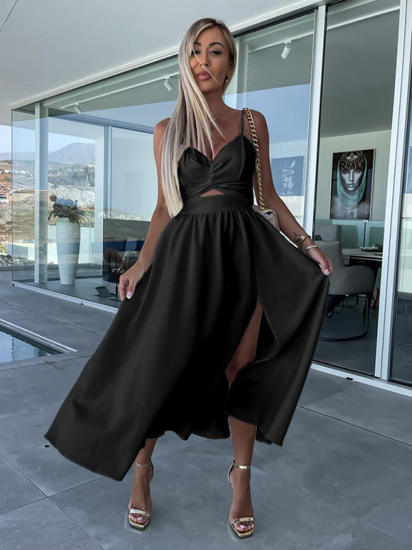Twisted Front Midi Dress with Cut-Out and High Slit Midi Dresses MyDresses Black 8 | S 