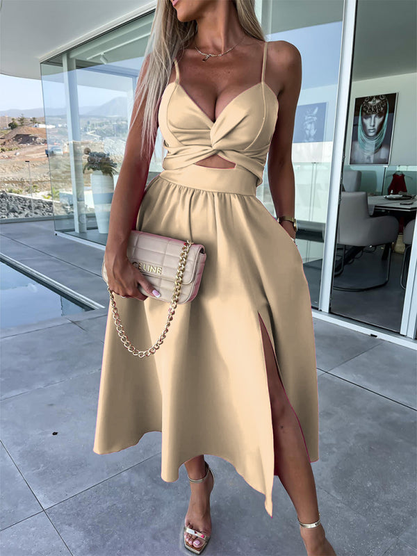 Twisted Front Midi Dress with Cut-Out and High Slit Midi Dresses MyDresses Khaki 8 | S 