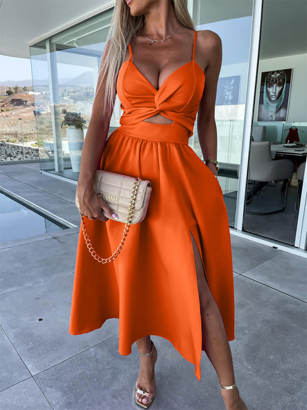Twisted Front Midi Dress with Cut-Out and High Slit Midi Dresses MyDresses Orange 8 | S 