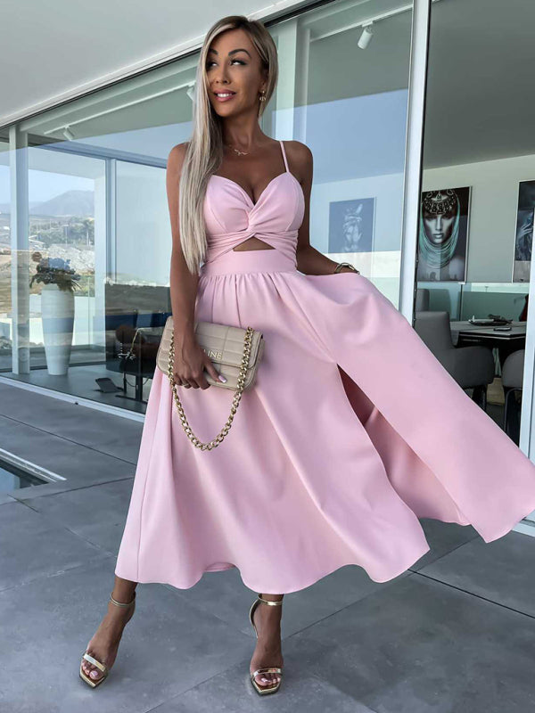 Twisted Front Midi Dress with Cut-Out and High Slit Midi Dresses MyDresses Pink 8 | S 