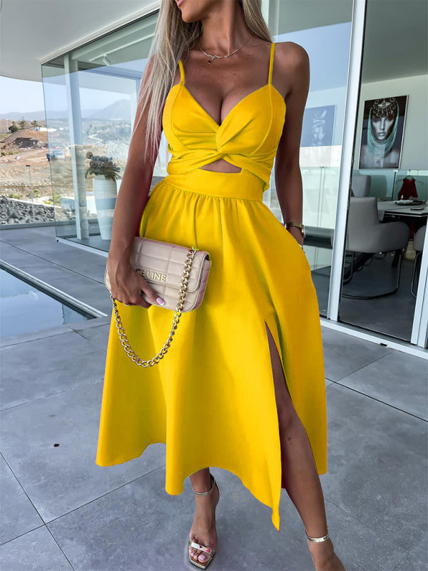 Twisted Front Midi Dress with Cut-Out and High Slit Midi Dresses MyDresses Yellow 8 | S 