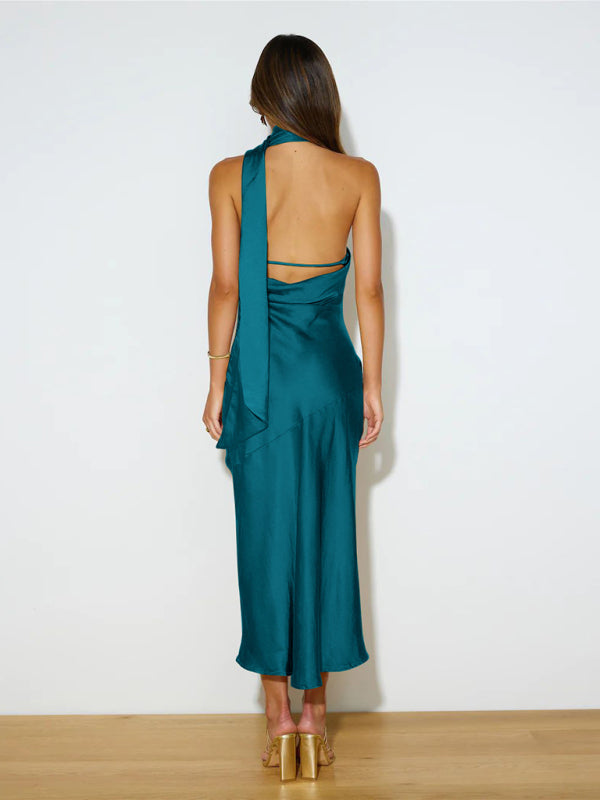 Satin Backless Maxi Dress with Halter Neckline and Slit Maxi Dresses MyDresses 