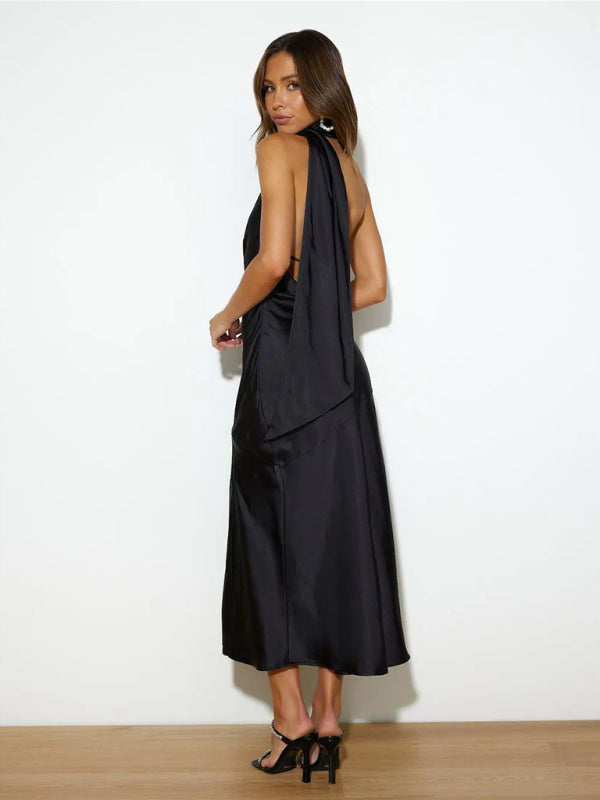 Satin Backless Maxi Dress with Halter Neckline and Slit Maxi Dresses MyDresses 