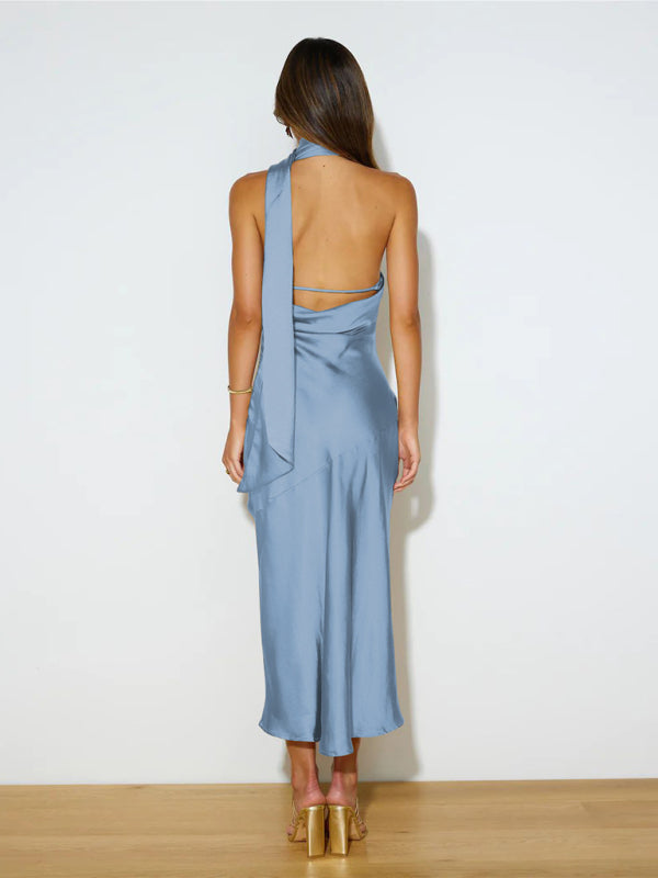 Satin Backless Maxi Dress with Halter Neckline and Slit Maxi Dresses MyDresses 