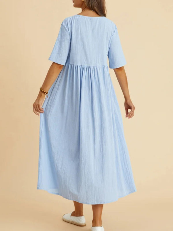 Loose Fit Midi Dress with Round Neck and Gathered Waist Midi Dresses MyDresses 