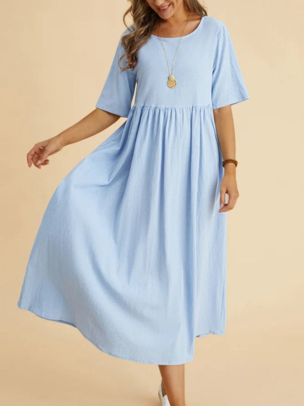 Loose Fit Midi Dress with Round Neck and Gathered Waist Midi Dresses MyDresses Blue 8 | S 
