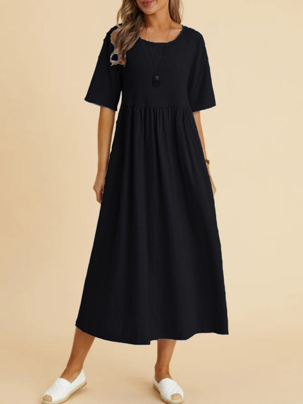 Loose Fit Midi Dress with Round Neck and Gathered Waist Midi Dresses MyDresses Black 8 | S 