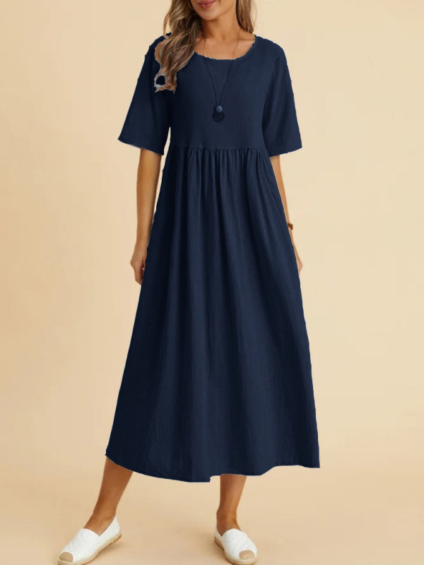 Loose Fit Midi Dress with Round Neck and Gathered Waist Midi Dresses MyDresses Navy 8 | S 