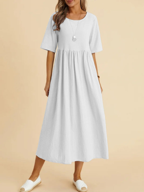Loose Fit Midi Dress with Round Neck and Gathered Waist Midi Dresses MyDresses White 8 | S 
