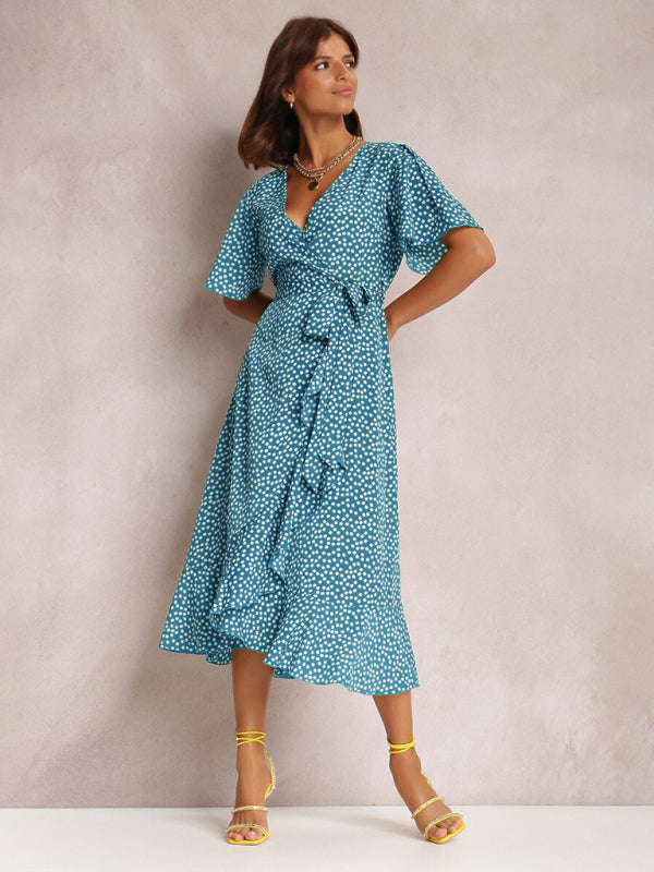 V-neck Polka-Dot Midi Dress with Ruffled Hem and Tie Waist Midi Dresses MyDresses 
