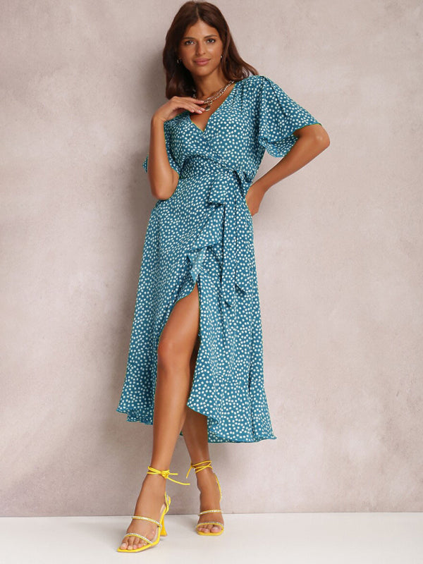 V-neck Polka-Dot Midi Dress with Ruffled Hem and Tie Waist Midi Dresses MyDresses 