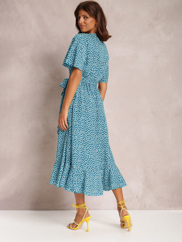 V-neck Polka-Dot Midi Dress with Ruffled Hem and Tie Waist Midi Dresses MyDresses 