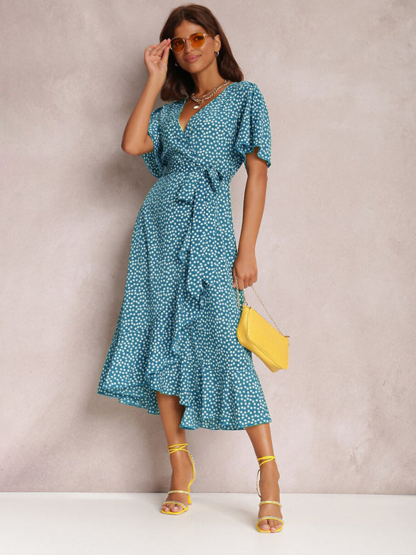 V-neck Polka-Dot Midi Dress with Ruffled Hem and Tie Waist Midi Dresses MyDresses Blue 8 | S 