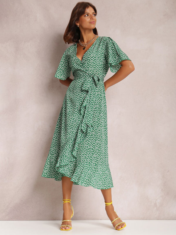 V-neck Polka-Dot Midi Dress with Ruffled Hem and Tie Waist Midi Dresses MyDresses Green 8 | S 
