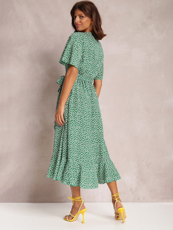 V-neck Polka-Dot Midi Dress with Ruffled Hem and Tie Waist Midi Dresses MyDresses 