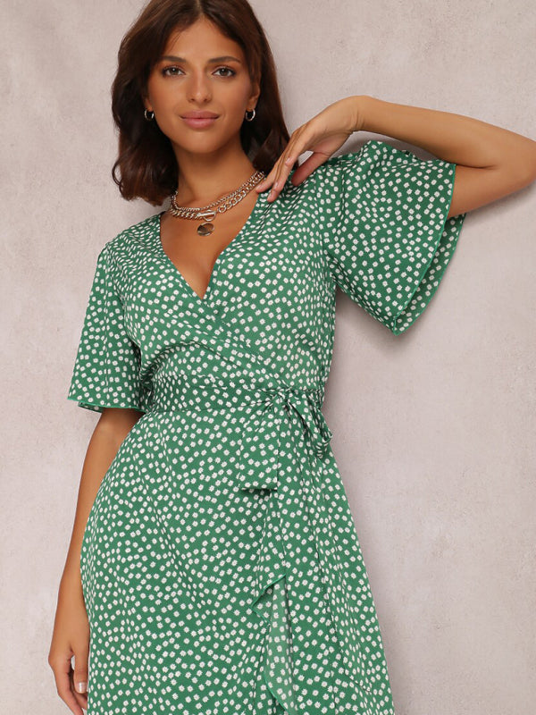 V-neck Polka-Dot Midi Dress with Ruffled Hem and Tie Waist Midi Dresses MyDresses 