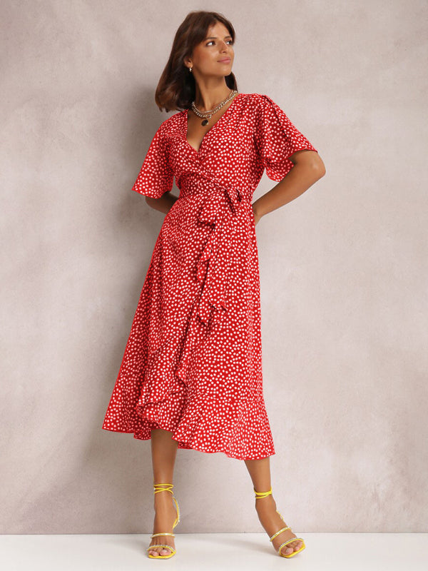 V-neck Polka-Dot Midi Dress with Ruffled Hem and Tie Waist Midi Dresses MyDresses 