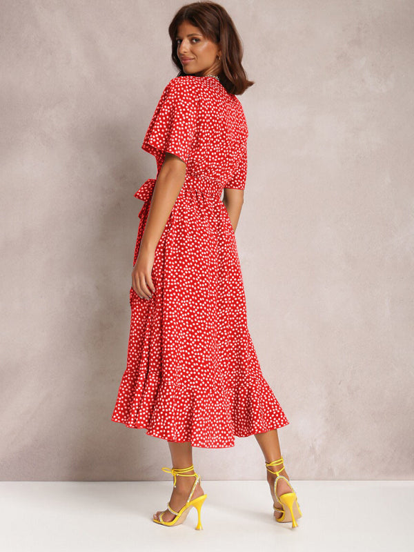 V-neck Polka-Dot Midi Dress with Ruffled Hem and Tie Waist Midi Dresses MyDresses 