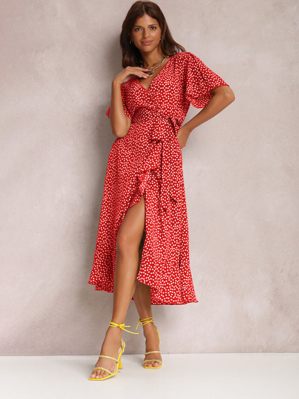V-neck Polka-Dot Midi Dress with Ruffled Hem and Tie Waist Midi Dresses MyDresses Red 8 | S 