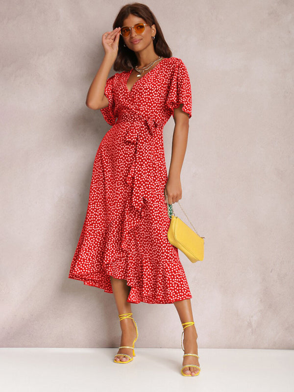 V-neck Polka-Dot Midi Dress with Ruffled Hem and Tie Waist Midi Dresses MyDresses 