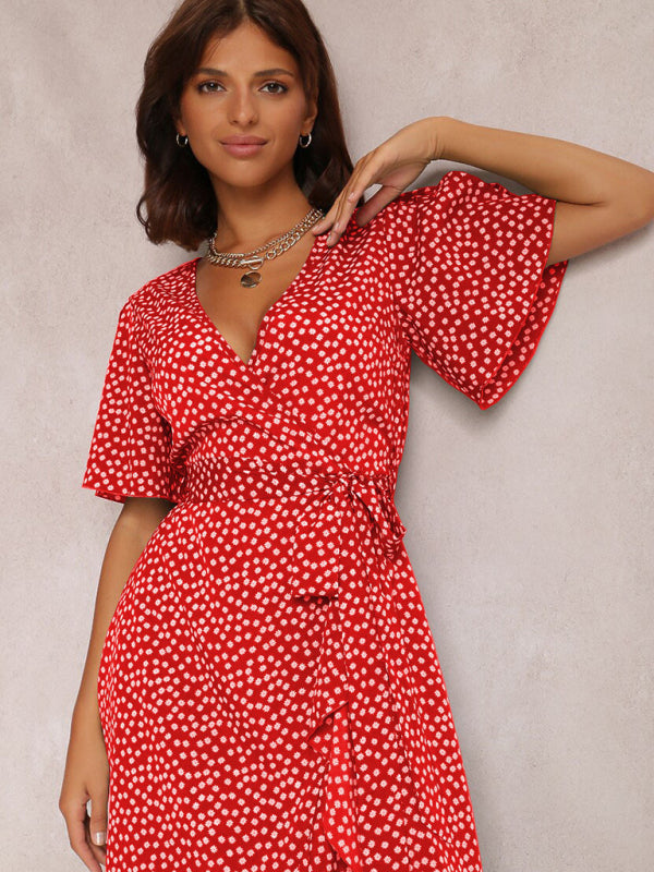 V-neck Polka-Dot Midi Dress with Ruffled Hem and Tie Waist Midi Dresses MyDresses 