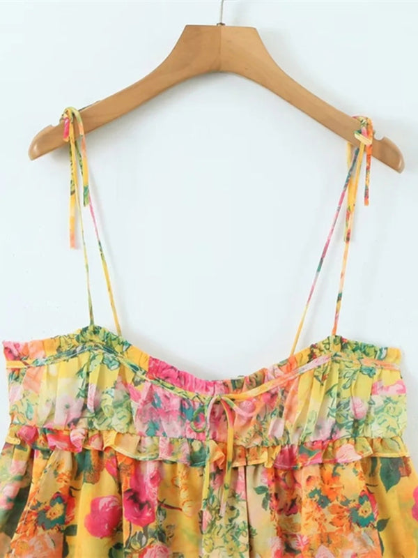 Lace-up Floral Mini Dress with Tie-Shoulder Straps Mini Dresses MyDresses 