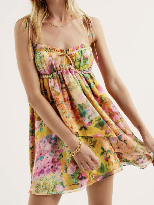 Lace-up Floral Mini Dress with Tie-Shoulder Straps Mini Dresses MyDresses Yellow 8 | S 