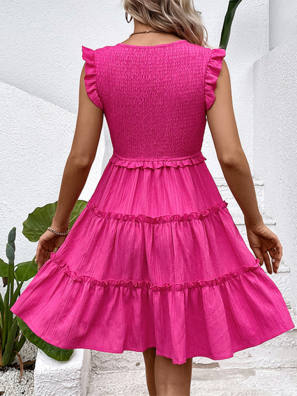 Smocked Bodice Sleeveless Dress with Ruffle Tiered Skirt Mini Dresses MyDresses 