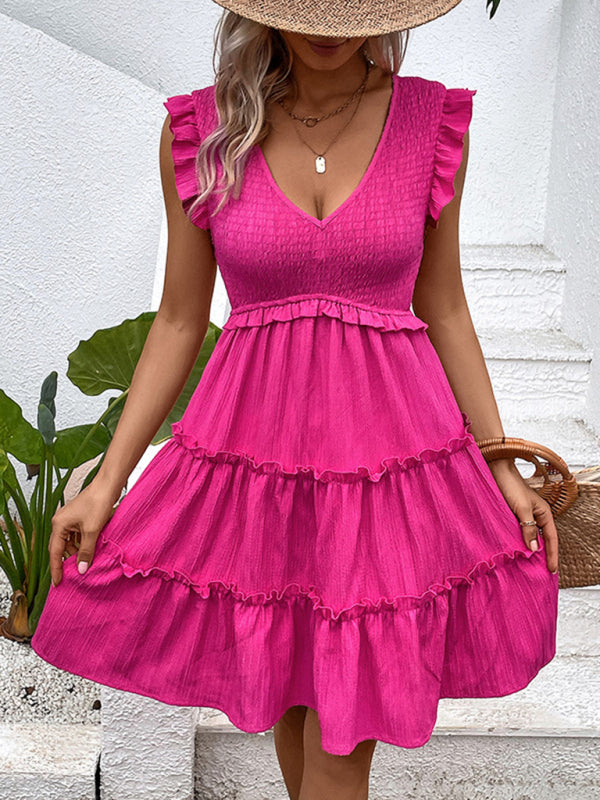 Smocked Bodice Sleeveless Dress with Ruffle Tiered Skirt Mini Dresses MyDresses 