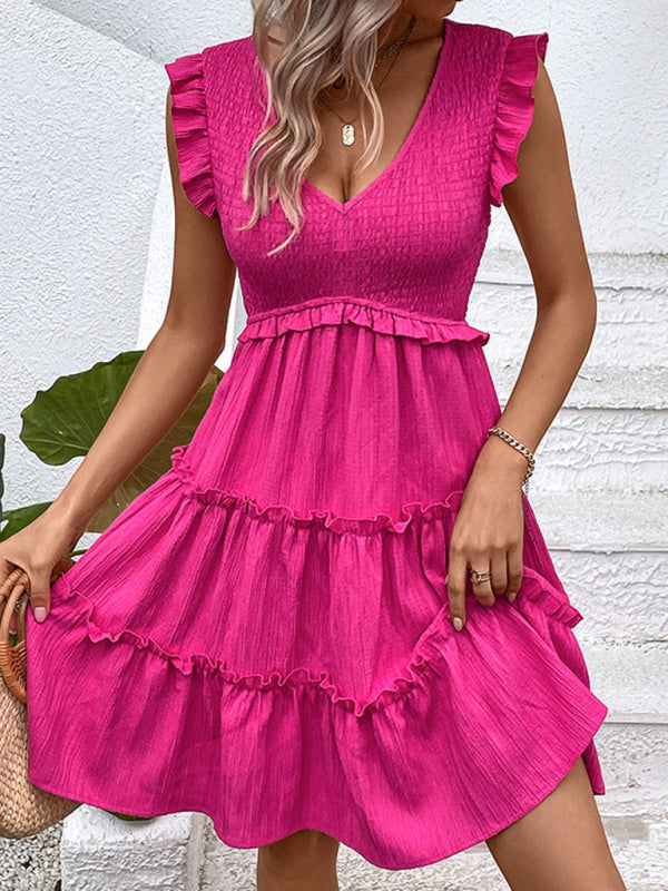 Smocked Bodice Sleeveless Dress with Ruffle Tiered Skirt Mini Dresses MyDresses 