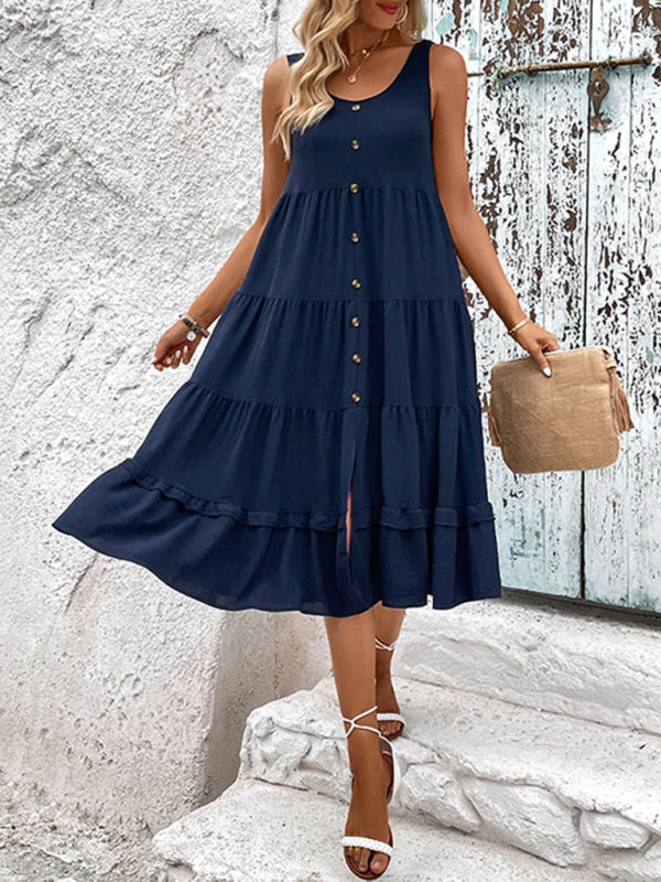 Sleeveless Midi Dress with Button-Down Front and Side Slit Midi Dresses MyDresses Dark Blue 8 | S 
